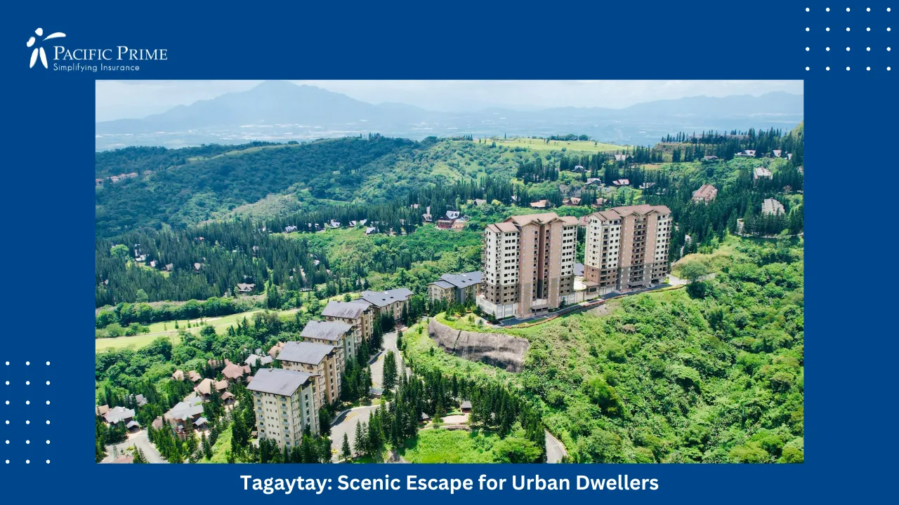 Image of Hotel View In Tagaytay, Philippines Set Against A Clear Daytime Backdrop with text overlay of "Tagaytay: Scenic Escape for Urban Dwellers"