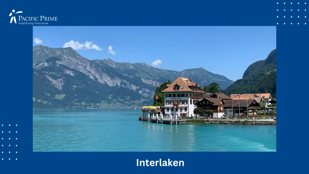 Image of Houses By Water, Nestled By Mountains In Interlaken, Switzerland with text overlay of "Interlaken"