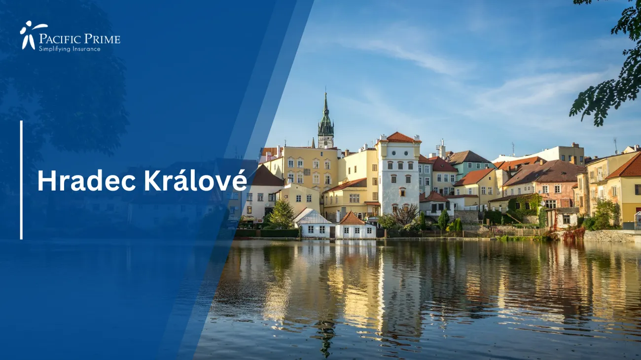 Image of Hradec Králové City View Featuring A Calm Lake In The Foreground with text overlay of "Hradec Králové"