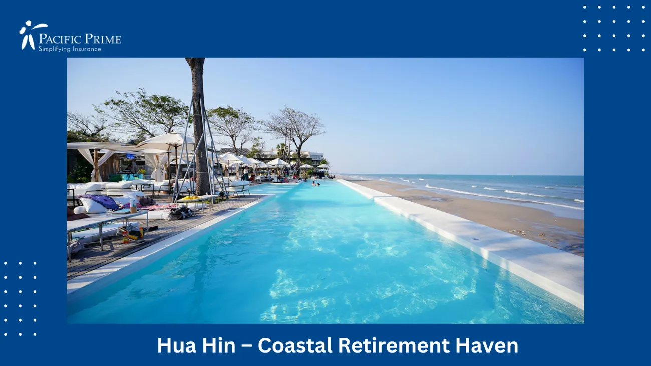 Image of Hua Hin Summer: Trees, Poolside Retreat, And Iced Coffee By The Sea with text overlay of "Hua Hin – Coastal Retirement Haven"