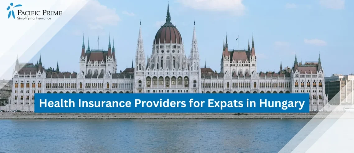 Image of Hungarian Parliament Building At Kossuth Lajos Tér, Budapest, Hungary with text overlay of "Health Insurance Providers for Expats in Hungary"