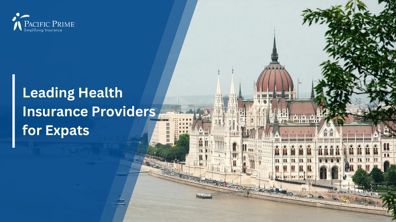 Image of Hungarian Parliament Building In Budapest, Hungary with text overlay of "Leading Health Insurance Providers for Expats"