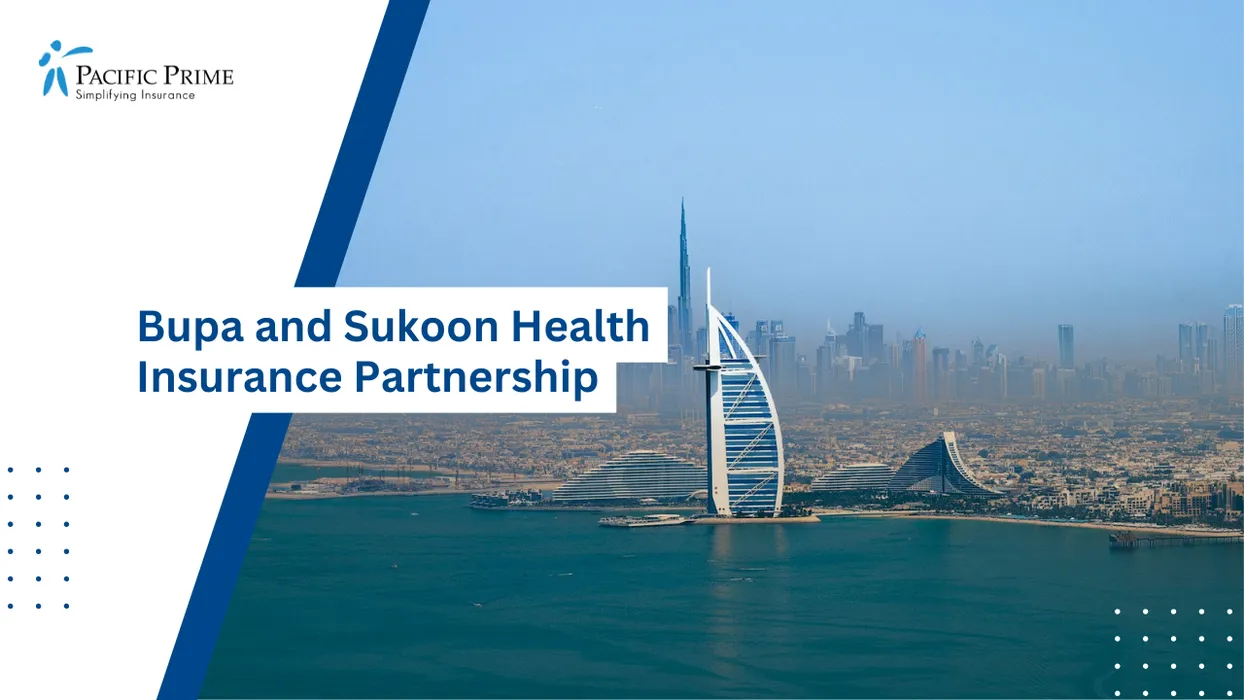 Image of Iconic Dubai Skyline Featuring Burj Khalifa And Sail-shaped Burj Al Arab with text overlay of "Bupa and Sukoon Health Insurance Partnership"