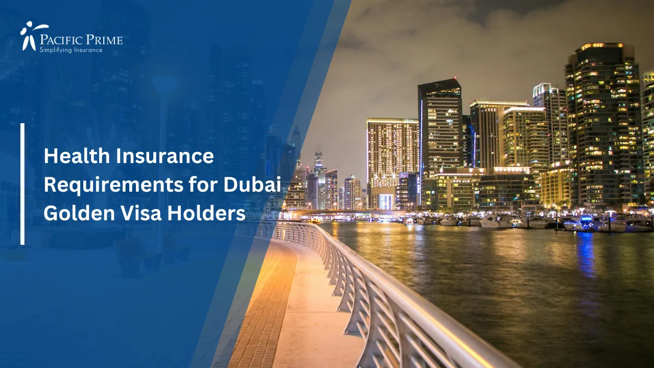 Image of Illuminated City Buildings At Night In Dubai with text overlay of "Health Insurance Requirements for Dubai Golden Visa Holders"