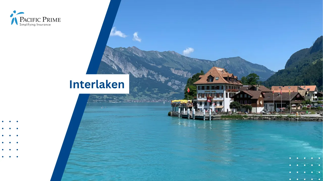 Image of Interlaken Houses By The Waterfront With Mountains In The Background with text overlay of "Interlaken"