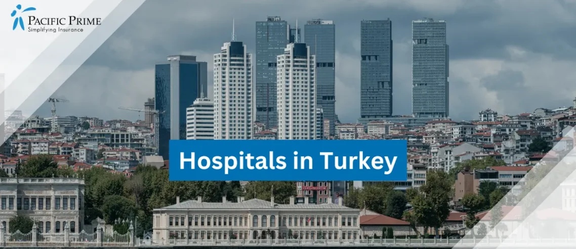 Image of Istanbul City Skyline Viewed From The Bosphorus, Turkey with text overlay of "Hospitals in Turkey"