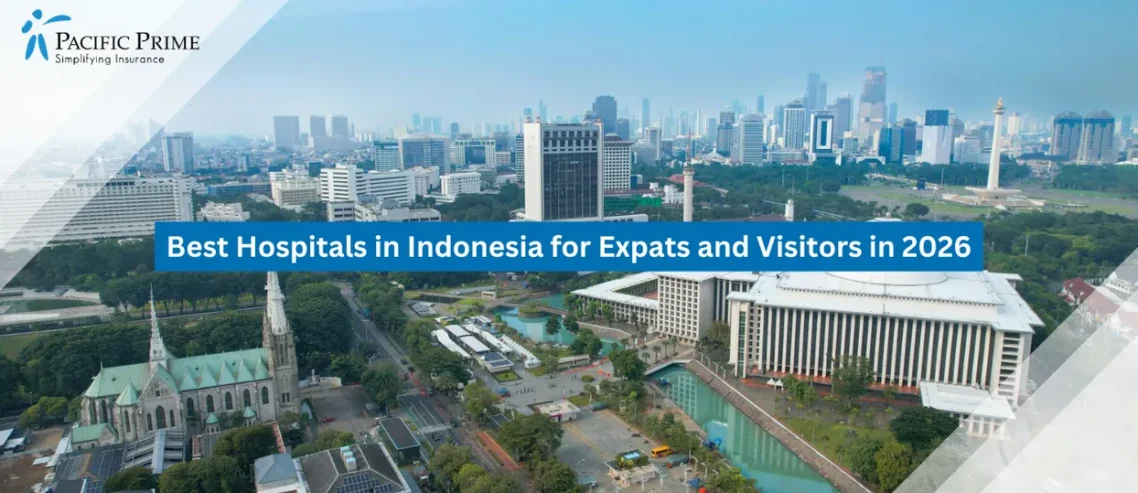 Image of Jakarta Skyline Featuring Cathedral And Grand Mosque Side By Side In Urban Setting with text overlay of "Best Hospitals in Indonesia for Expats and Visitors in 2026 - Recommended Options"