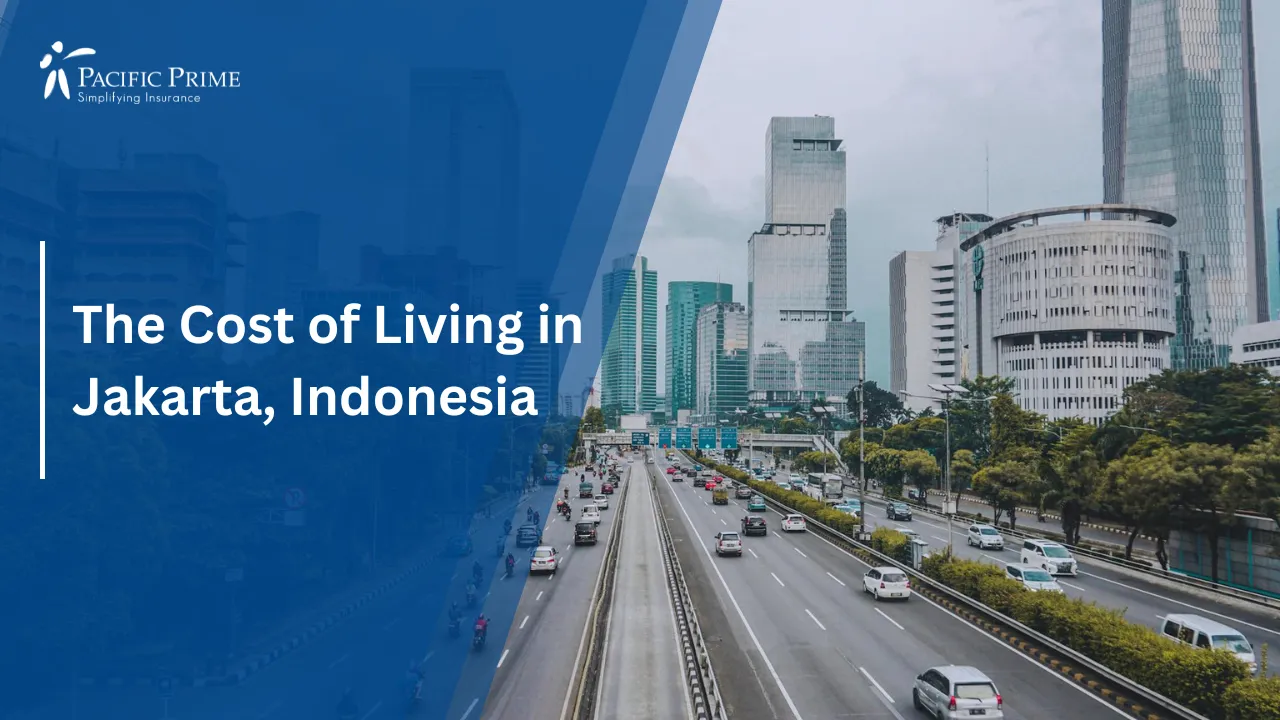 Image of Jakarta Skyline With Skyscrapers And Heavy Traffic On A Busy Highway with text overlay of "The Cost of Living in Jakarta, Indonesia"