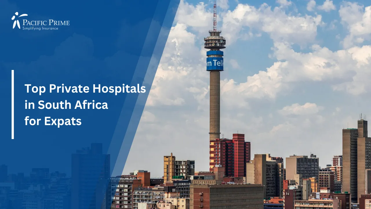 Image of Johannesburg City Skyline With Clouds Under A Clear Daytime Sky with text overlay of "Top Private Hospitals in South Africa for Expats"