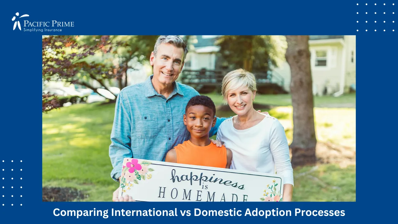 Image of Joyful Family Holding A Happiness Sign While Embracing Outdoors with text overlay of "Comparing International vs Domestic Adoption Processes"