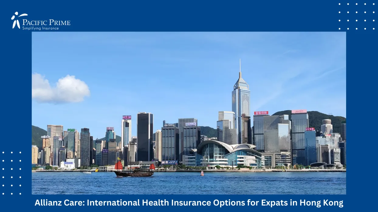 Image of Junk Boat Cruising Victoria Harbour With Wanchai Skyscrapers In The Hong Kong Backdrop with text overlay of "Allianz Care: International Health Insurance Options for Expats in Hong Kong"