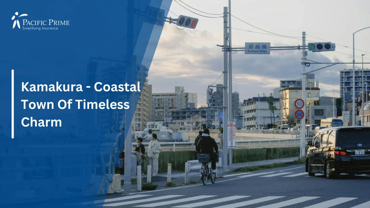 Image of Kamakura Coastal Cityscape Glowing At Sunset with text overlay of "Kamakura - Coastal Town Of Timeless Charm"