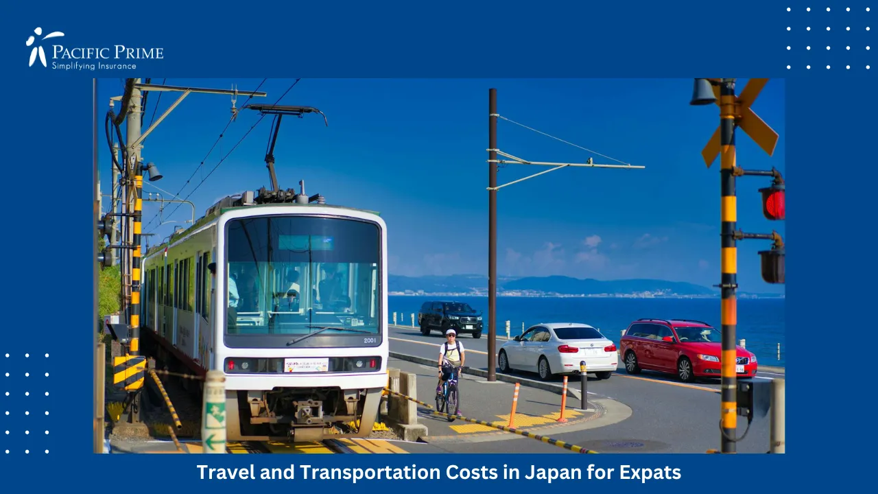 Image of Kamakura Coastal Tram Passing Seaside Streets In Kanagawa, Japan with text overlay of "Travel and Transportation Costs in Japan for Expats"