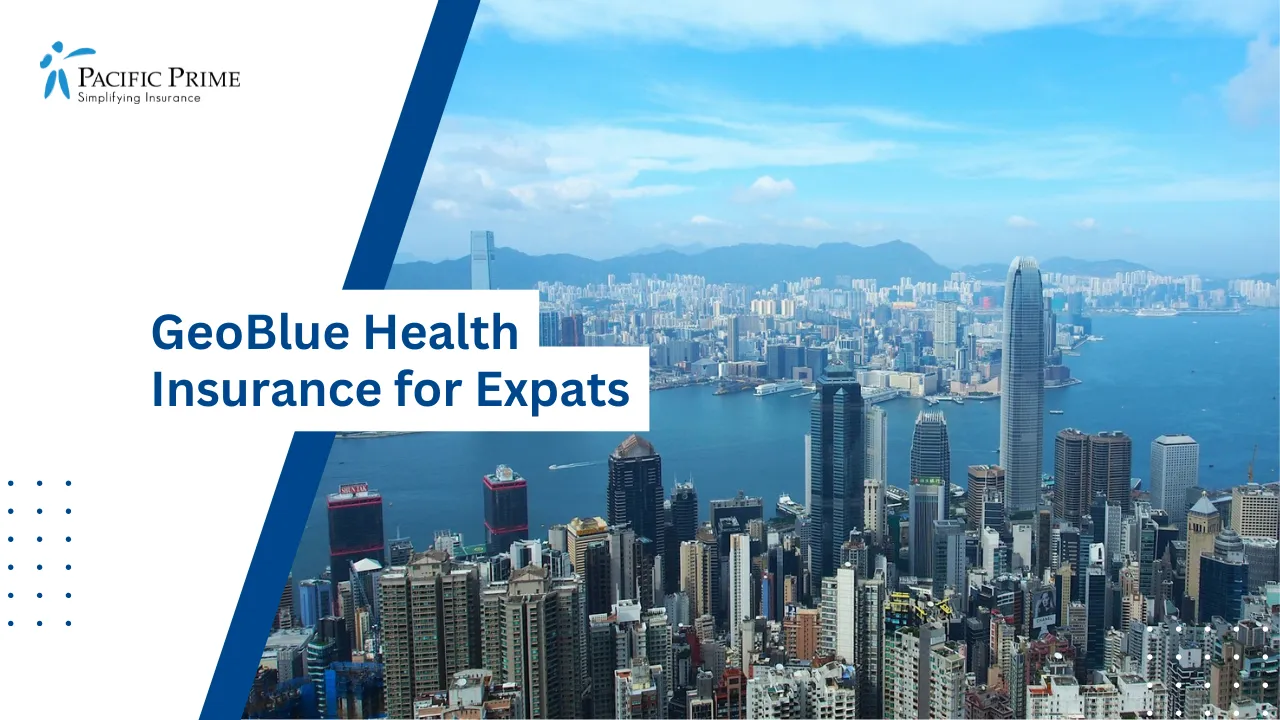Image of Kowloon Skyline Across Victoria Harbour, Hong Kong with text overlay of "GeoBlue Health Insurance for Expats"