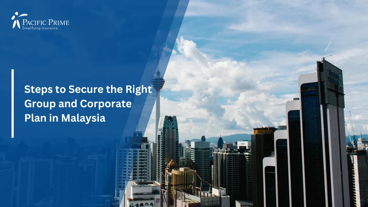 Image of Kuala Lumpur City Skyline Under Cloudy Sky with text overlay of "Steps to Secure the Right Group and Corporate Plan in Malaysia"