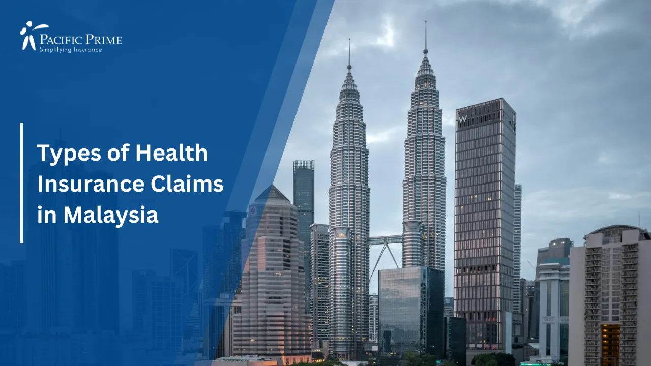 Image of Kuala Lumpur Cityscape And Petronas Towers On A Cloudy Day with text overlay of "Types of Health Insurance Claims in Malaysia"