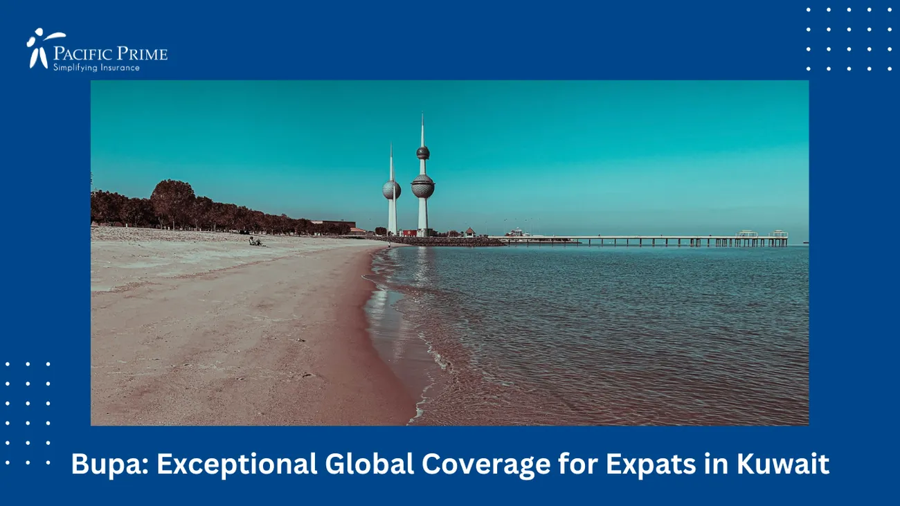 Image of Kuwait Towers And Dock On A Windy Beach In Kuwait City with text overlay of "Bupa: Exceptional Global Coverage for Expats in Kuwait"
