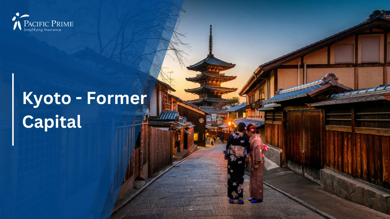 Image of Kyoto Street Scene Featuring Women In Purple And Pink Kimonos with text overlay of "Kyoto - Former Capital"