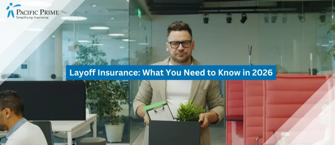 Image of Laid-off Office Worker Carrying A Box Of Personal Belongings While Leaving Workplace with text overlay of "Layoff Insurance: What You Need to Know in 2026"