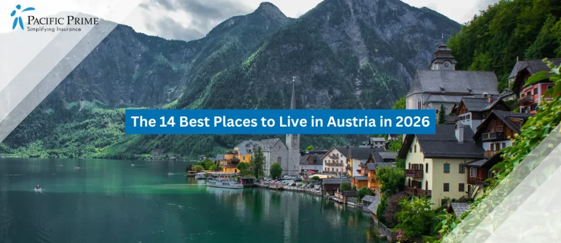 Image of Lakeside Alpine Village With Pastel Homes Reflected On Calm Mountain Waters with text overlay of "The 14 Best Places to Live in Austria in 2026"