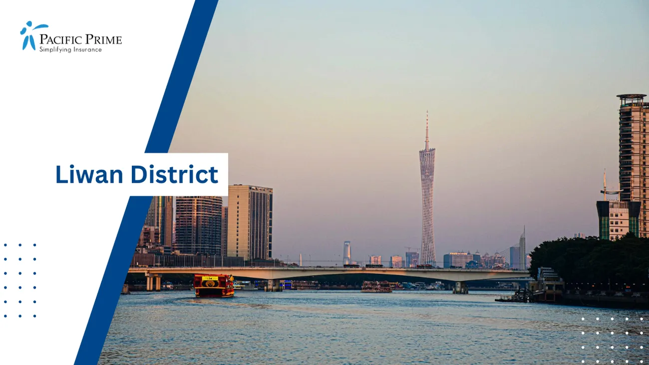 Image of Large Body Of Water With A Bridge And Guangzhou Tower In The Background with text overlay of "Liwan District"