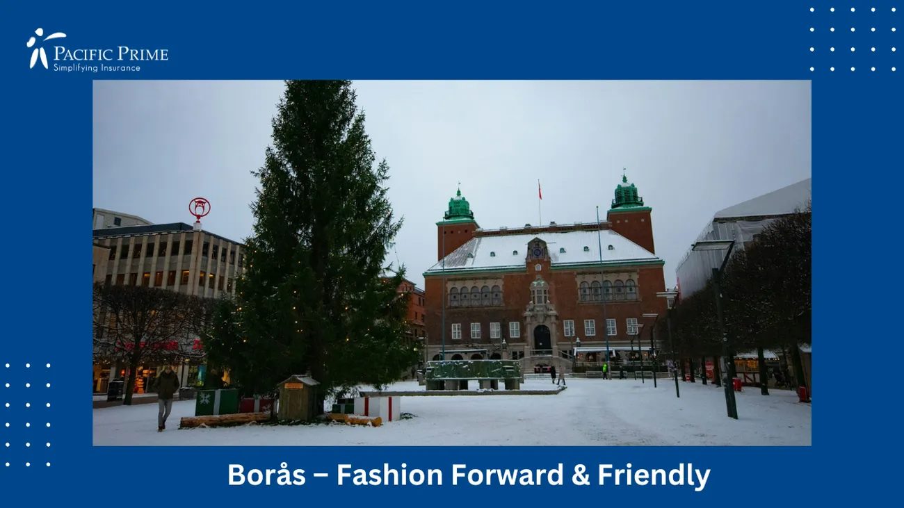 Image of Large Borås Building With Christmas Tree In Snowy Setting, Sweden with text overlay of "Borås – Fashion Forward & Friendly"