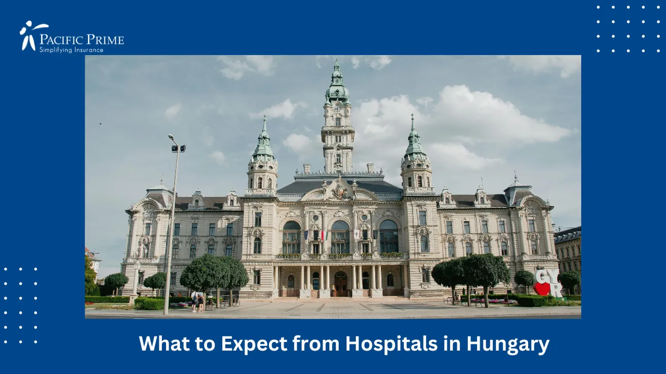 Image of Large Building With A Clock Tower In Hungary with text overlay of "What to Expect from Hospitals in Hungary"