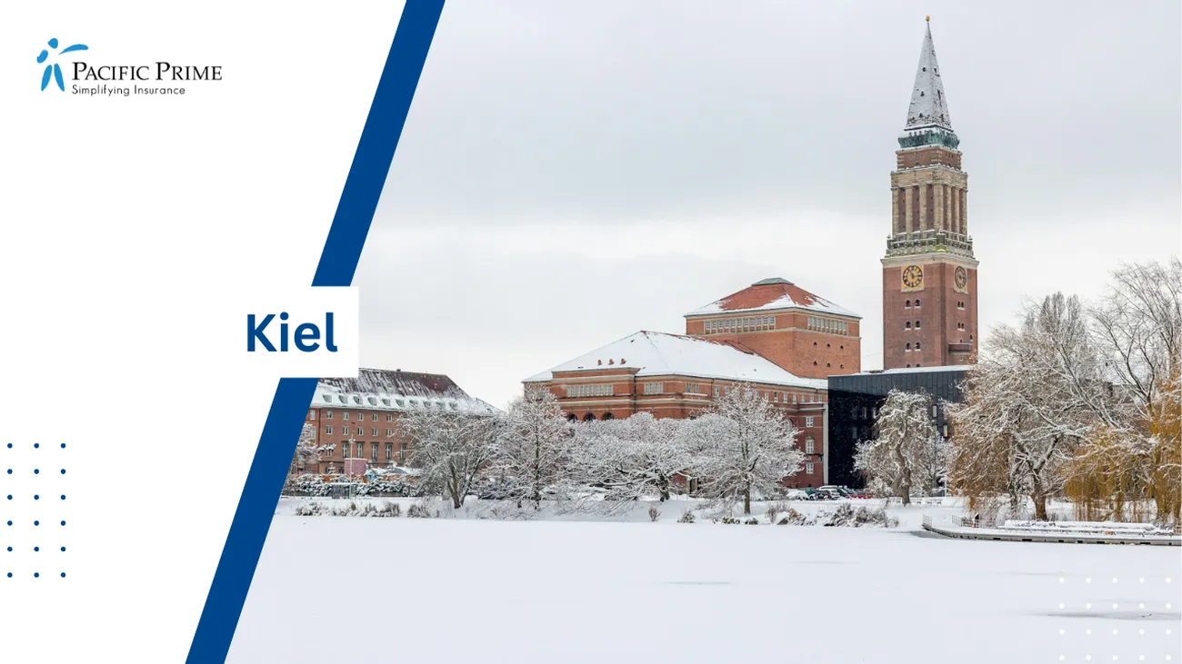 Image of Large Building With Clock Tower Amid Snowy Field In Kiel, Germany with text overlay of "Kiel"