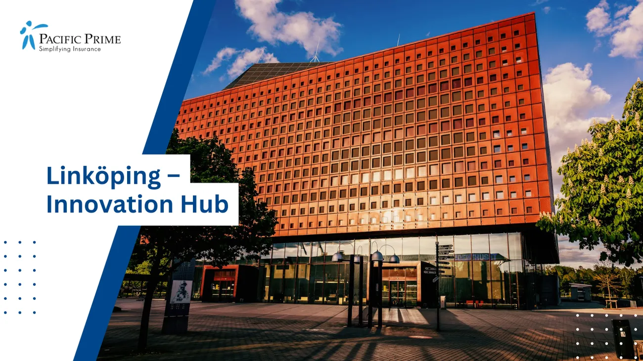 Image of Large Campus Building With Parking At Linköping University, Sweden with text overlay of "Linköping – Innovation Hub"