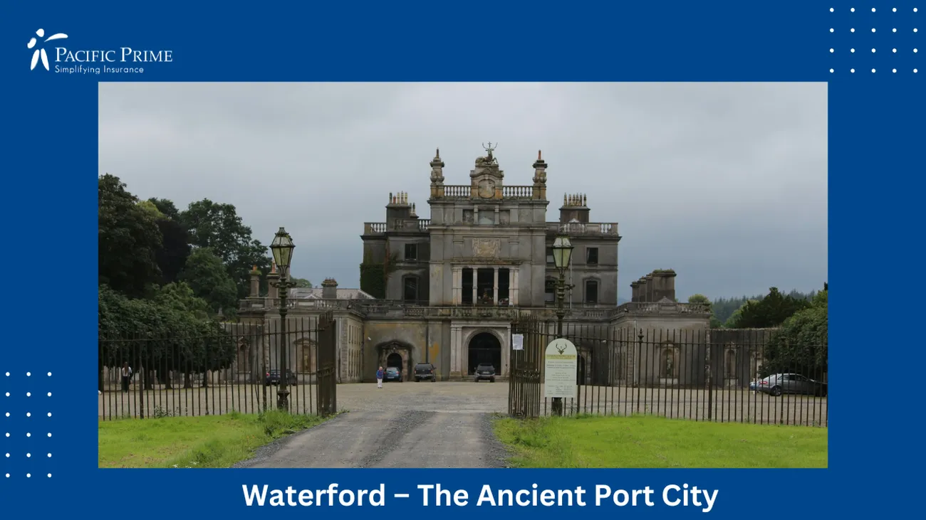 Image of Large Estate Building With Gate In Waterford, Southern Ireland with text overlay of "Waterford – The Ancient Port City"