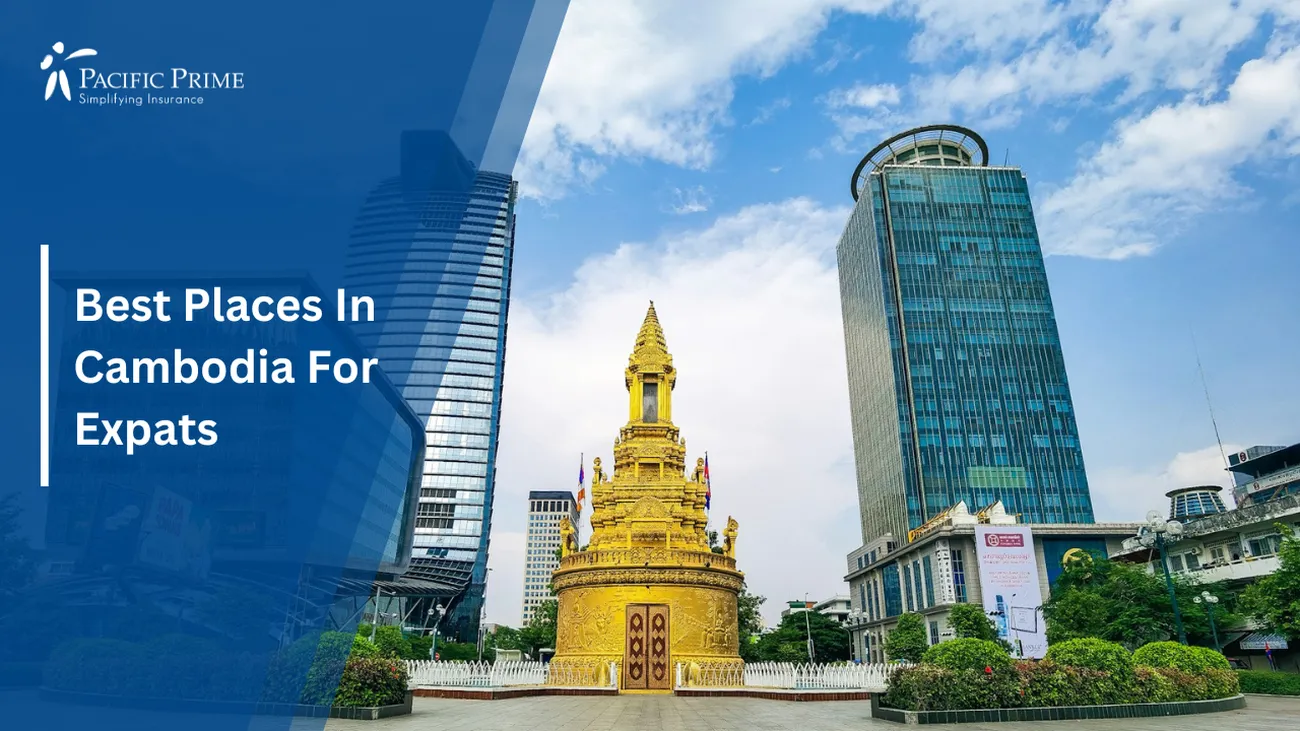 Image of Large Gold Statue In Front Of Buildings In Phnom Penh, Cambodia with text overlay of "Best Places In Cambodia For Expats"