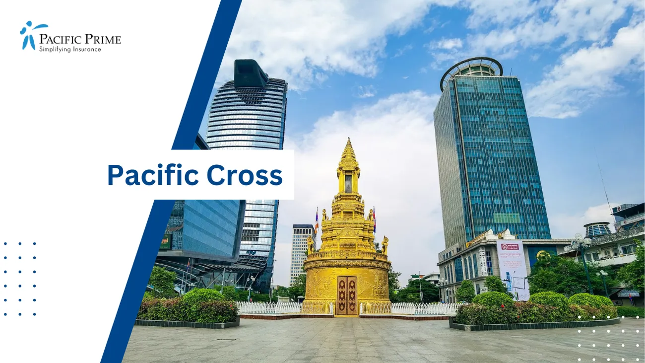 Image of Large Gold Statue In Front Of Buildings In Phnom Penh, Cambodia with text overlay of "Pacific Cross"