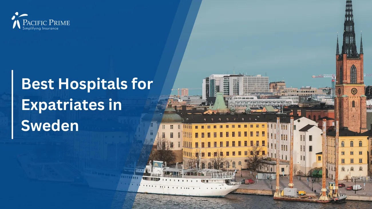 Image of Large White Boat On Stockholm's Waterfront, Sweden with text overlay of "Best Hospitals for Expatriates in Sweden"
