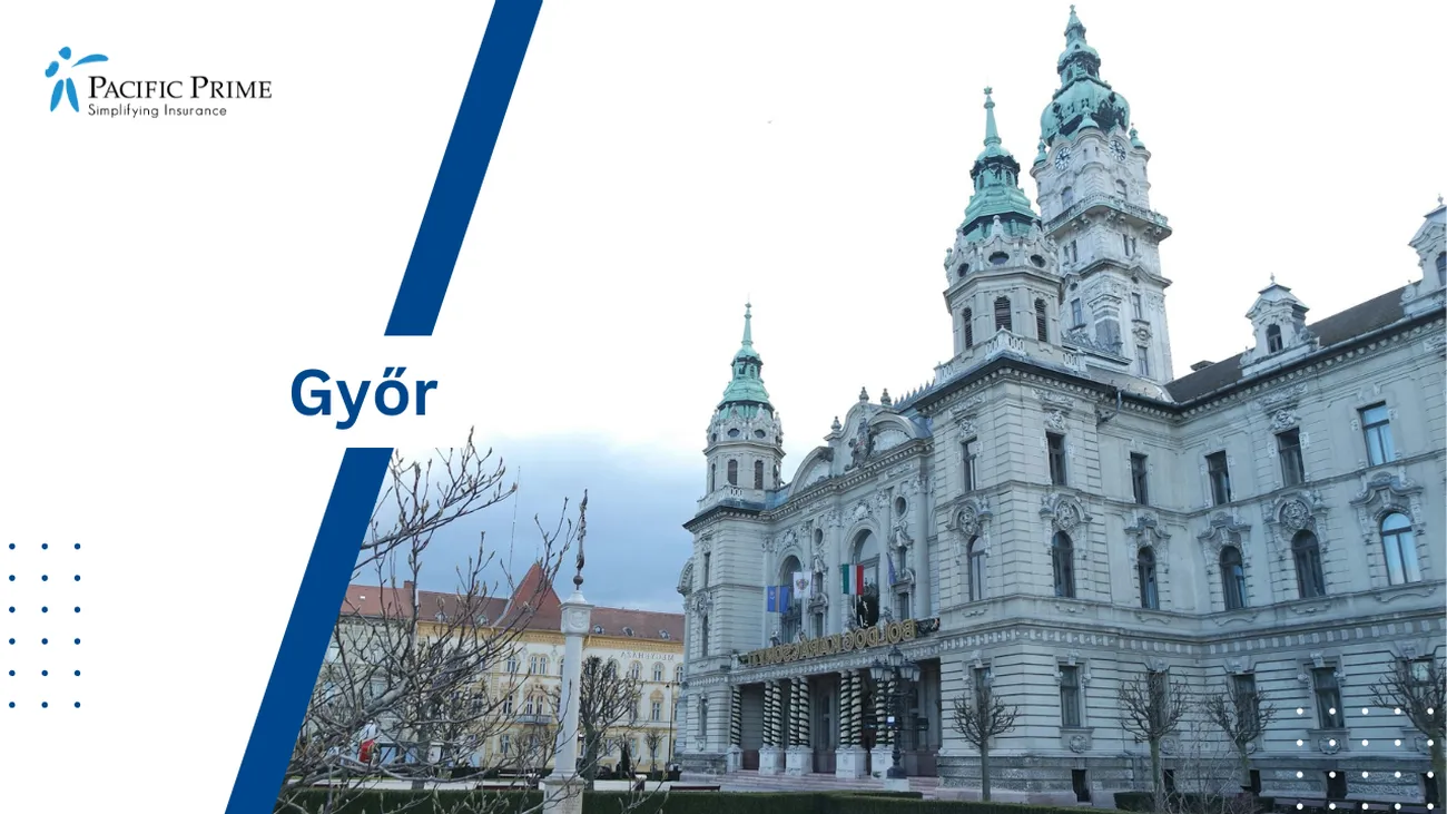 Image of Large White Building With Clock Tower In Győr, Hungary with text overlay of "Győr"
