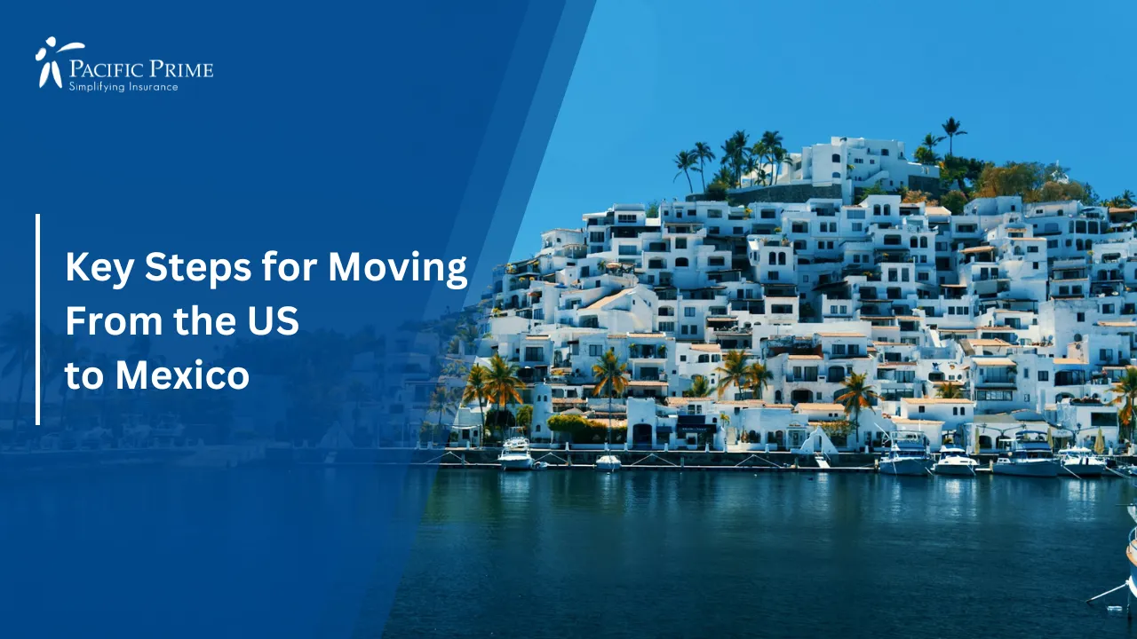 Image of Las Hadas Resort Buildings Overlooking The Bay In Manzanillo, Colima with text overlay of "Key Steps for Moving From the US to Mexico"