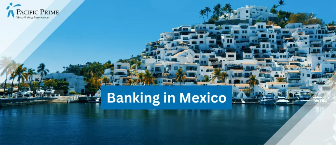 Image of Las Hadas Resort In Manzanillo, Colima, Mexico With Scenic Ocean Views with text overlay of "Banking in Mexico"