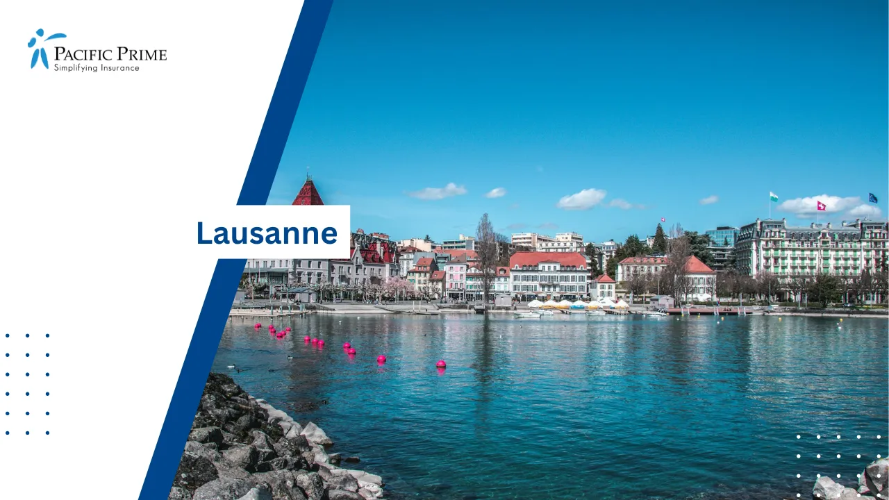 Image of Lausanne Cityscape Along The Waterfront With Buildings In The Background with text overlay of "Lausanne"