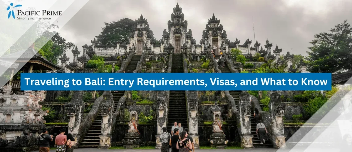 Image of Lempuyang Temple Stairs And Statues Surrounded By Greenery In Bali with text overlay of "Traveling to Bali: Entry Requirements, Visas, and What to Know"
