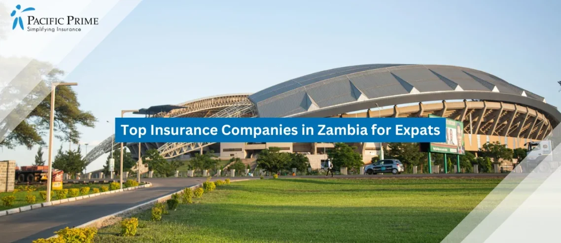 Image of Levy Mwanawasa Stadium Exterior View In Ndola, Zambia with text overlay of "Top Insurance Companies in Zambia for Expats"