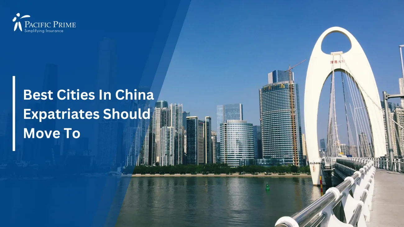 Image of Liede Bridge In Guangzhou: Gray Buildings Adjacent To Water with text overlay of "Best Cities In China Expatriates Should Move To"