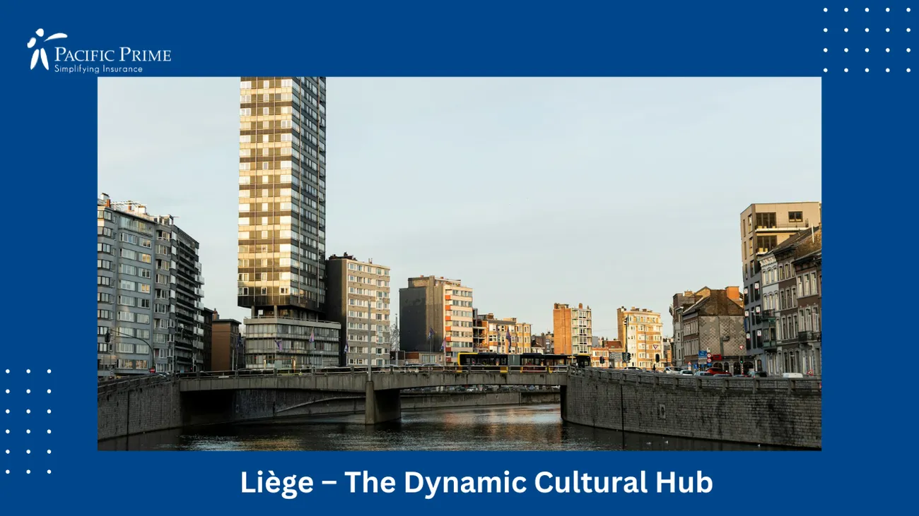 Image of Liège Skyline Under A White Daytime Sky with text overlay of "Liège – The Dynamic Cultural Hub"
