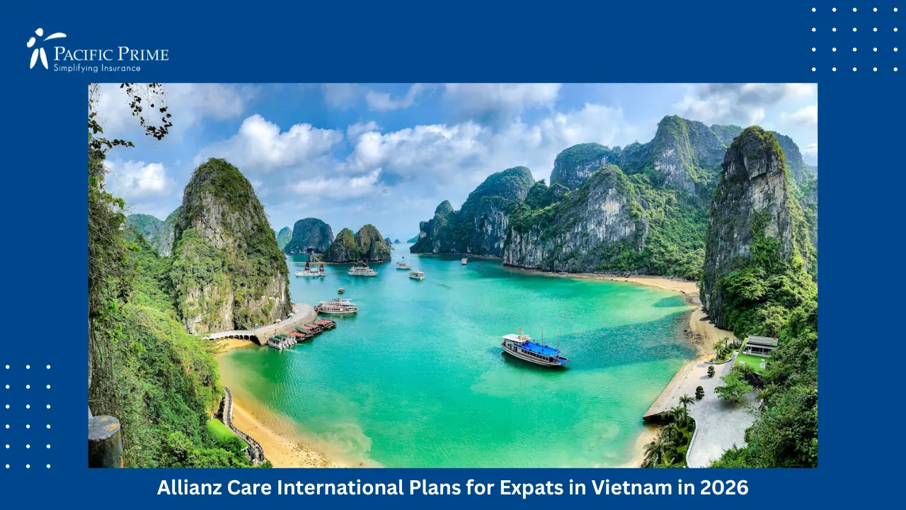 Image of Limestone Islands Rising From The Emerald Waters Of Ha Long Bay with text overlay of "Allianz Care International Plans for Expats in Vietnam in 2026"