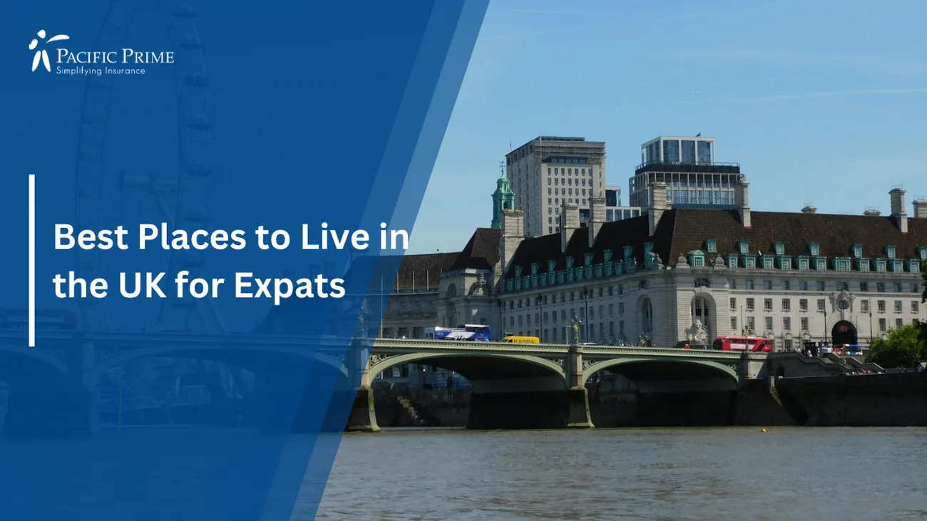 Image of London Eye Seen Behind A Bridge On The Thames with text overlay of "Best Places to Live in the UK for Expats"