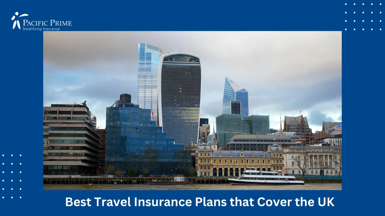 Image of London High-rise Buildings Near A Waterfront In England, UK with text overlay of "Best Travel Insurance Plans that Cover the UK"