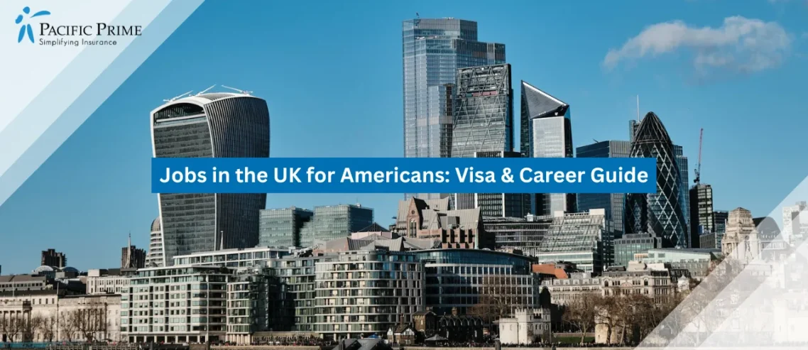 Image of London Skyline On A Sunny Day Viewed From Tower Bridge with text overlay of "Jobs in the UK for Americans"