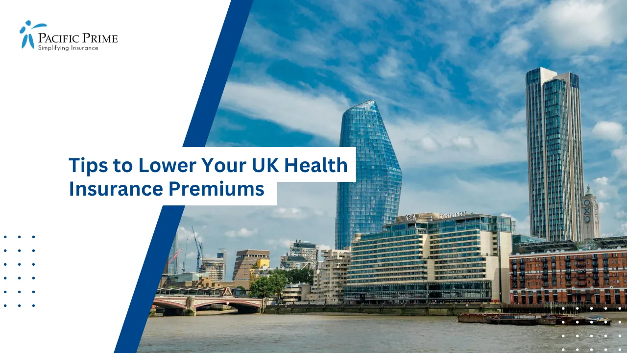 Image of London Skyline With Modern Buildings Along The Thames On A Sunny Day with text overlay of "UK Health Insurance Guide for Expats"