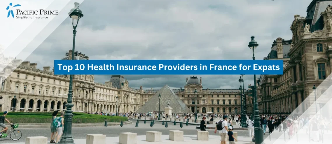 Image of Louvre Museum Exterior In Central Paris, France with text overlay of "Top 10 Health Insurance Providers in France for Expats"