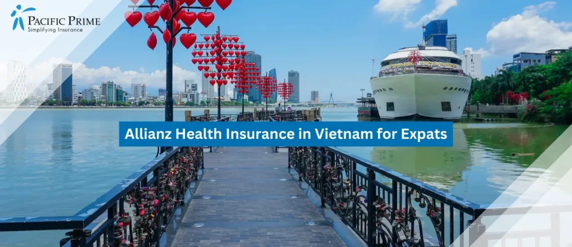 Image of Love Bridge Glowing Along Da Nang’s Scenic Riverfront In Vietnam with text overlay of "Allianz Health Insurance in Vietnam for Expats"