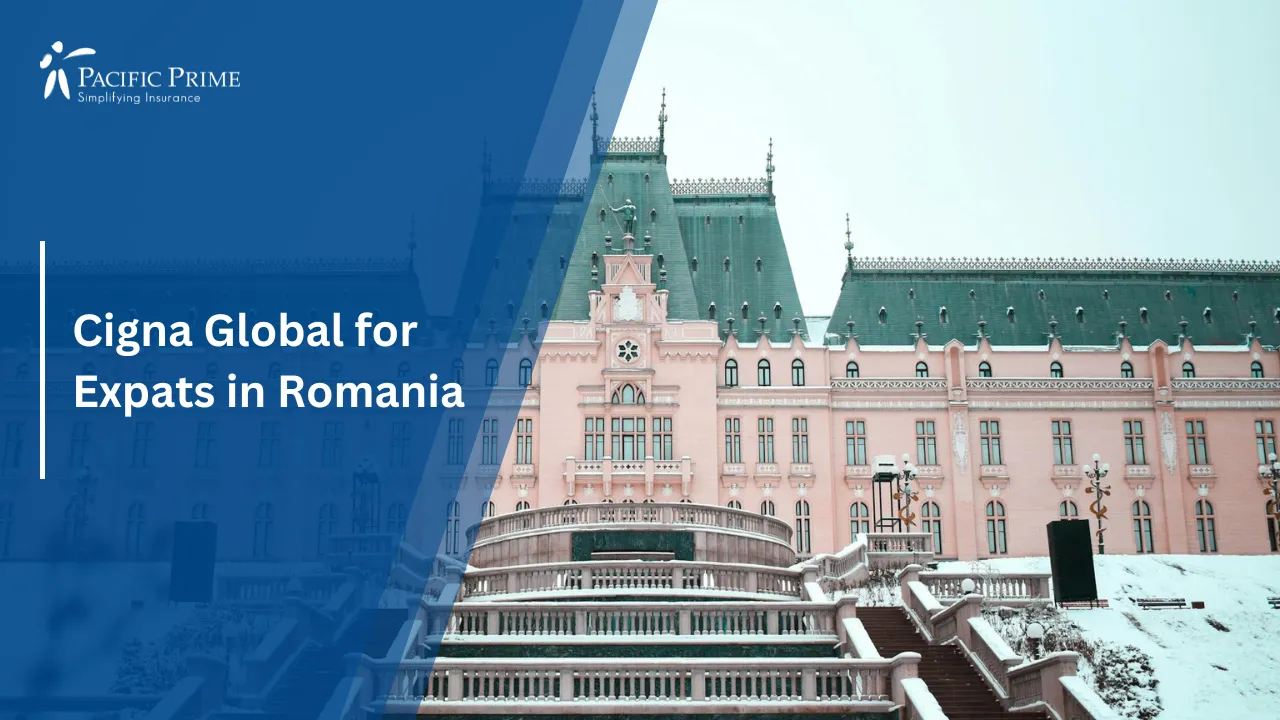 Image of Low Angle View Of Historic Building In IașI, Romania with text overlay of "Cigna Global for Expats in Romania"