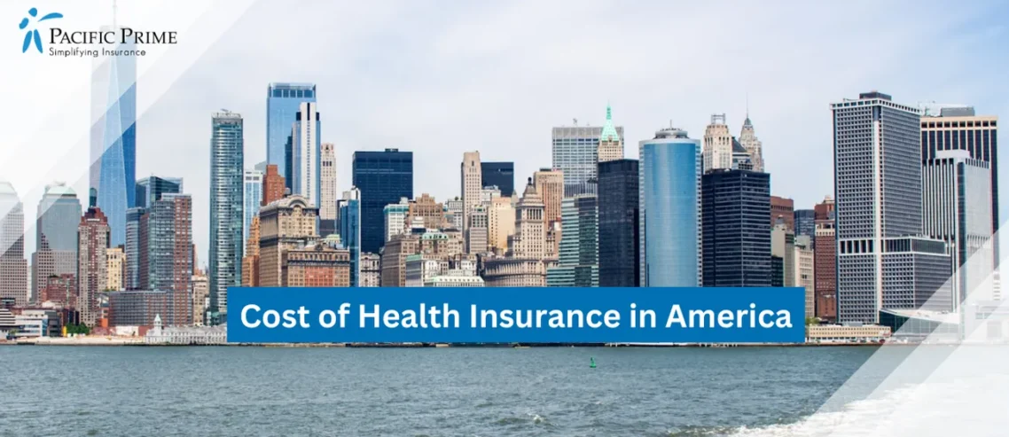 Image of Lower Manhattan Skyline From Staten Island Ferry On A Sunny May Afternoon with text overlay of "Cost of Health Insurance in America"